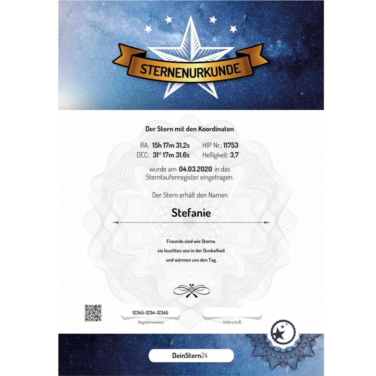 Battesimo della stella Certificato ufficiale piccolo