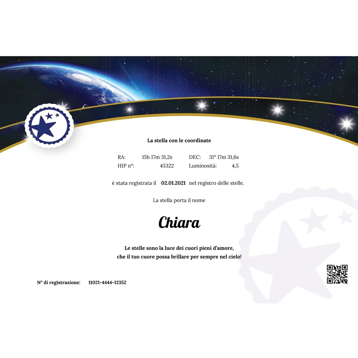 Battesimo di una stella Certificato Terra piccola
