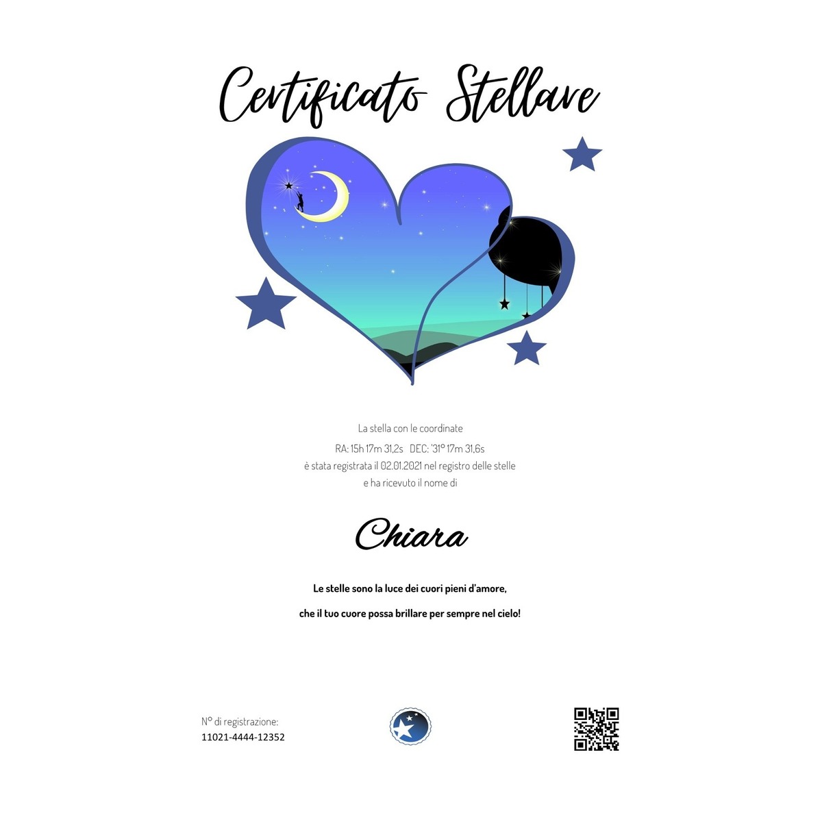 Certificato di battesimo della stella "Cuori d'amore" (piccolo)