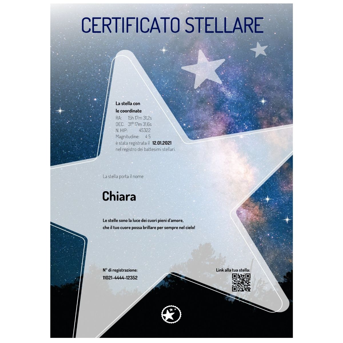 Battesimo di una stella Certificato Stella piccola